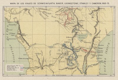 Mapa mostrando as viagens dos exploradores Georg August Schweinfurth, Samuel Baker, David Livingstone, Henry Morton Stanley e Verney Lovett Cameron na África de Spanish School