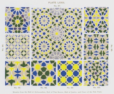 Mosaicos do Salão dos Embaixadores, Salão das Duas Irmãs, Salão da Justiça e Tribunal do Lago do Peixe (cor litho) de Spanish School