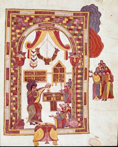 Arte Mozarábica: "o templo de Jerusalém, Arão é representado como sumo sacerdote diante de um altar." Miniatura de uma Bíblia moçárabe. Século 10. Leão. Biblioteca do Real Collegiale de Saint Isidore. Espanha de Spanish School