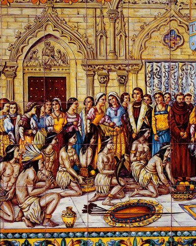 Os nativos americanos trouxeram a comitiva de Colombo para a Espanha em 1492 (cerâmica) de Spanish School