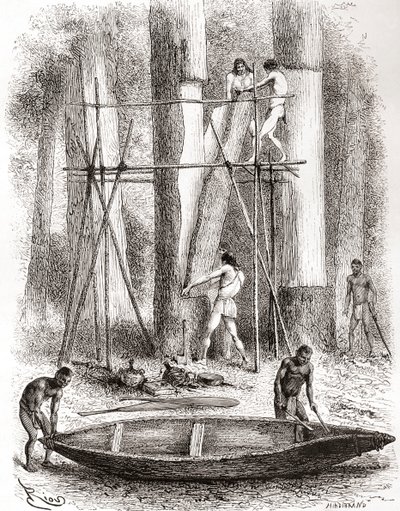 Índios nativos construindo uma canoa nas margens do rio Oyapock ou Oiapoque, América do Sul (gravura) de Spanish School