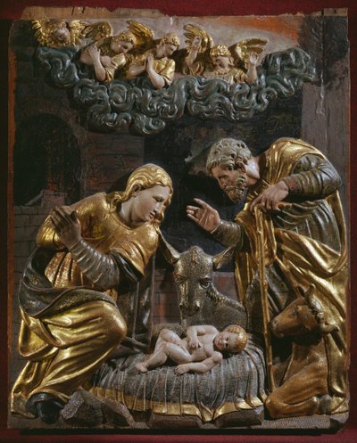 Natividade, detalhe de um retábulo renascentista (madeira pintada e dourada) de Spanish School