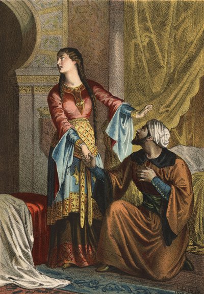 Omar, príncipe muçulmano, fazendo uma declaração de amor a Sancha Ona, Condessa de Castela. em "El Culto de la Hermosura" de Juan Justo Huguet, Molinas Hermanos editores de Spanish School