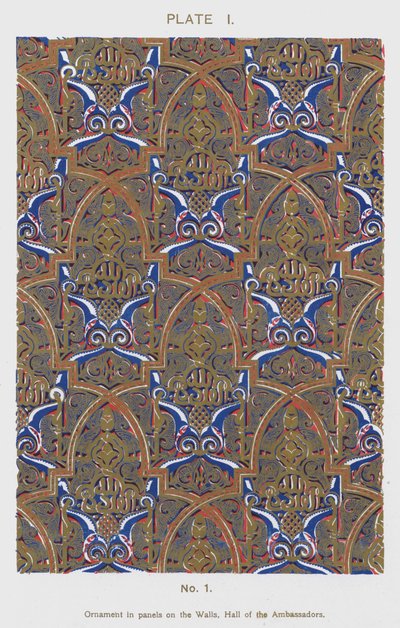 Ornamento em painéis nas paredes, salão dos embaixadores (cor litho) de Spanish School