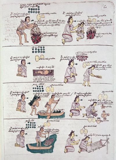 Página do Codex Mendoza, mostrando disciplina e tarefas atribuídas a crianças, México, c.1541-42 de Spanish School
