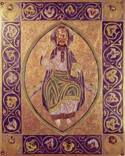 Placa representando bênção de Cristo (ouro e esmalte champleve) de Spanish School
