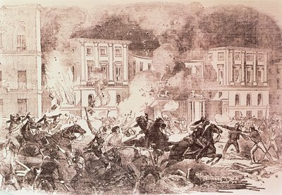 Revoltas populistas em Madri, os desordeiros tentam incendiar o palácio da rainha Maria Cristina em 1854 (lito) de Spanish School