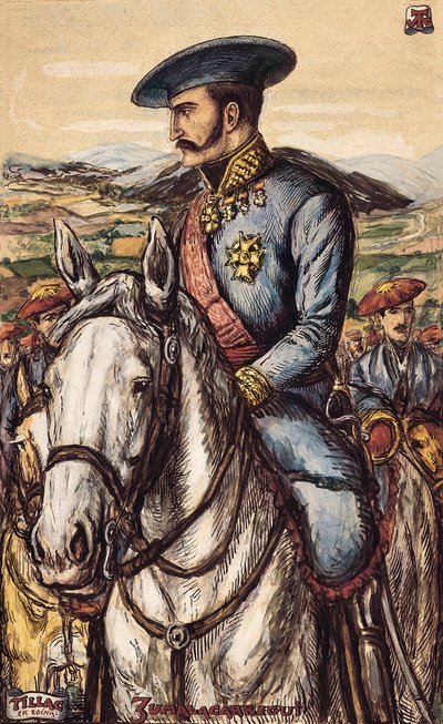 Retrato de Tomas Zumalacarregui (1788-1835), militar do Exército de Carlist durante a Primeira Guerra (1833-1840) (litografia) de Spanish School