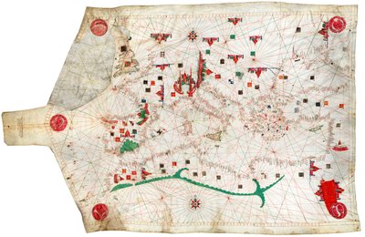 Carta portulana do Mar Mediterrâneo e Atlântico NE, esta é a carta portulana mais antiga das colecções do Museu Marítimo Nacional de Spanish School