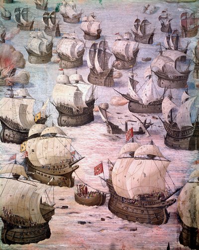 Regata de galeões espanhóis durante uma expedição aos Açores em 1582, sob o comando de Filipe II (1527-1598), Rei de Espanha. Afresco do século XVI. Salão de Batalhas, Palácio do Escorial, Madrid. de Spanish School
