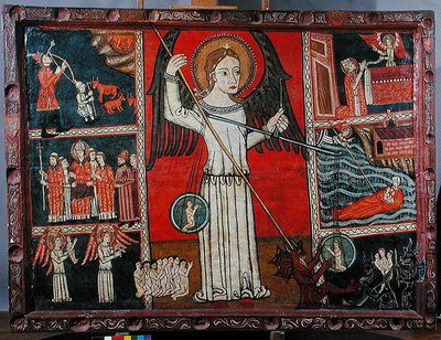 São Miguel derrotando o diabo retratado como um dragão e pesando almas em um par de balanças (óleo sobre painel) de Spanish School