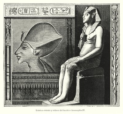 Estátua sentada e relevo do antigo faraó egípcio Akhenaten (Amenhotep IV) (litho) de Spanish School