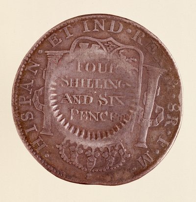 Moeda de prata (8 reais) de Espanha: reinado de Carlos III (1759-1788). 1777 com a contra-medida de 1787. Diam. 3,9 cm Nápoles, museo archeologico de Spanish School