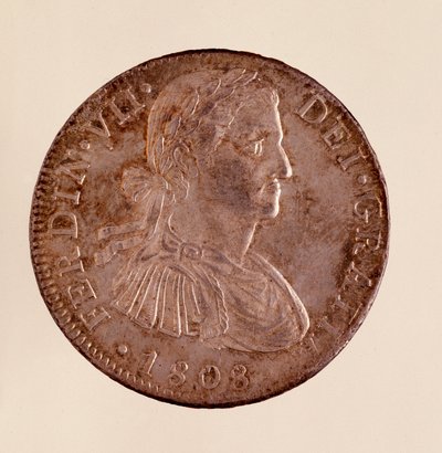 Moeda de prata (8 reais) de Espanha: reinado de Fernando VII (Ferdinando) (1808-1833). 1808 Diam. 3,9 cm Nápoles, museo archeologico de Spanish School