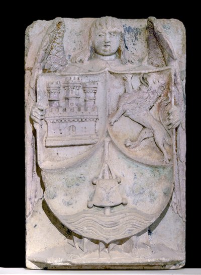 Piso espanhol do século XIV: brasão de Castela e Leão, o bastão de pelerin evoque São Jacques de Compostela, conservado na abadia cisterciense de Fontenay, Borgonha (Brasão de Castela e Leão, Espanha) de Spanish School