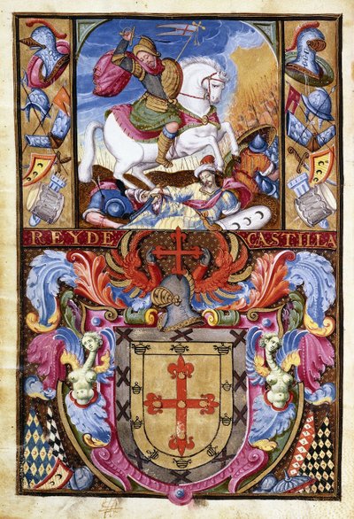 São James em um cavalo branco cavalgando sobre os cadáveres de mouros e o brasão de armas da família de Gomez, 1606 de Spanish School
