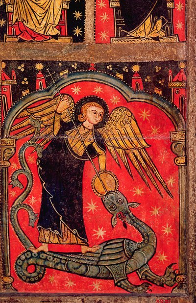 São Miguel lutando contra o dragão (tempera no painel) de Spanish School