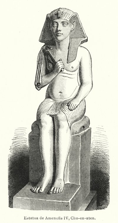 Estátua do Antigo Faraó Egípcio Amenhotep IV (Akhenaten) (litho) de Spanish School
