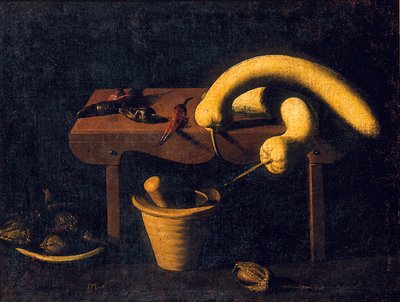 Natureza morta com pimentos e abóboras num banco com almofariz e pilão e pássaros mortos, c.1620 (óleo sobre tela) de Spanish School