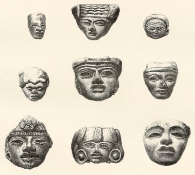 Cabeças de pedra e máscaras encontradas em Teotihuacan, México por Desiré Charnay durante sua expedição em 18801883 de Spanish School