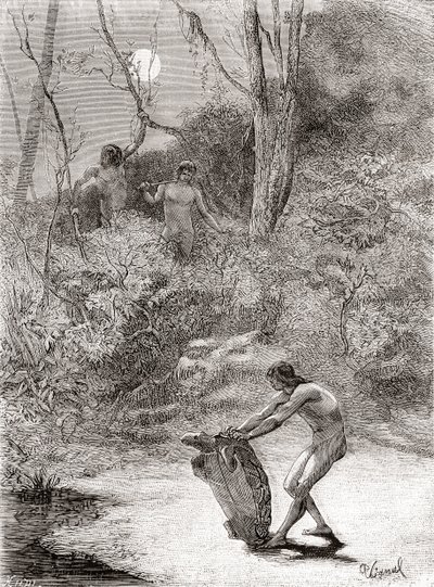Índios Sunos caçando tartarugas de água doce no rio Napo, Equador de Spanish School