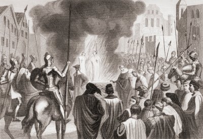 Templários a serem queimados na fogueira (litografia) de Spanish School