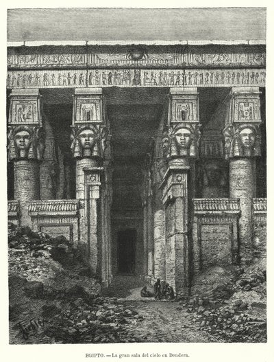 Templo de Hathor, Dendera, Egito (litho) de Spanish School