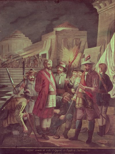A Conquista do México: Hernando Cortes (1485-1547) ataca o Distrito de Panfilo Narvaez pela noite (óleo sobre tela) de Spanish School