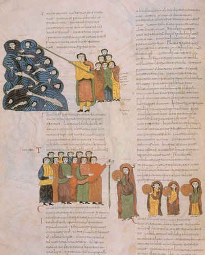 A Travessia do Mar Vermelho e a Dança das mulheres hebréias ao som dos pandeiros de Moisés e seus acompanhantes, da Bíblia visigodo-moçárabe de Santo Isidor, fol.39., 960 dC de Spanish School
