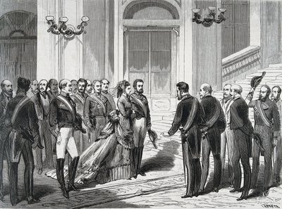 O Rei de Espanha Amedee I (Amedeo Ferdinando Maria di Savoia) (1845-1890) e sua esposa Rainha Maria Victory dal Pozzo della Cisterna (1847-1876) na sua chegada ao Palácio Real de Madrid em 19/03/1871. Gravura de "La Ilustracion Española y América de Spanish School