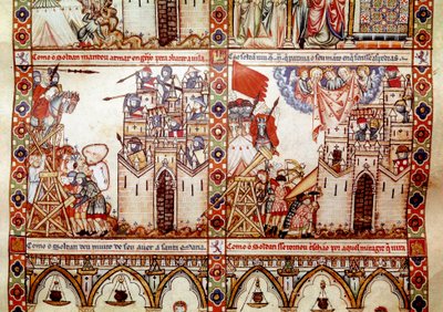 Os sarracenos sitiaram uma cidade cristã Detalhe de uma página tirado de um manuscrito do Cântico de Santa Maria, decorando miniaturas dedicadas a Santa Maria e seus milagres, uma coleção de canções redigidas sob o regimento de Alfons de Spanish School