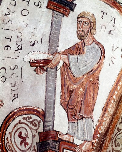 O ciclo dos meses: um criado a oferecer peixe. Pormenor de um fresco do século XII do Panteão Real da Real Colegiata de San Isidoro (Real Collegiale de Saint Isidore). Leão. Espanha de Spanish School