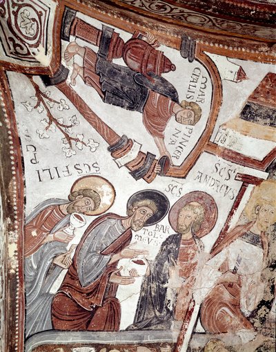 O ciclo dos meses: um servo oferece uma bebida aos apóstolos (Santo André, São Bartolomeu e São Filipe). Detalhe de um afresco do século XII do Panteão Real da Real Colegiata de San Isidoro (Real Collegiale de Saint Isidore). Leão. Spai de Spanish School