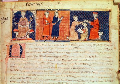O senhor feudal pregando seu sermão diante do rei de Maiorca, Jaime I (1207-76), de Capbreu de Clayra e de Millas, 1292 de Spanish School