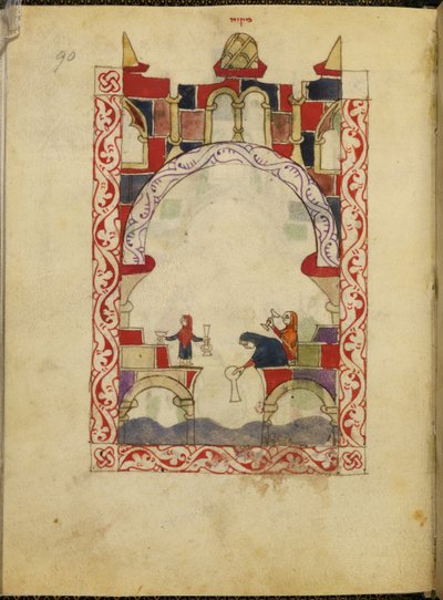 Três mulheres a mergulhar vasos numa piscina. Manuscrito iluminado de uma Hagadá hispano-moresca, c.1300, Espanha, Or. 2737, fol. 90 (velino) de Spanish School