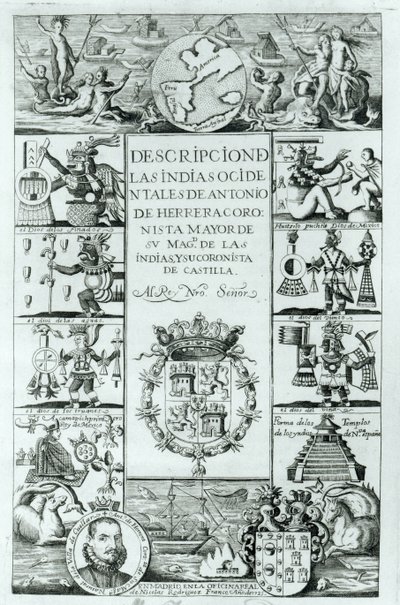 Página de rosto de Descrição das Índias Ocidentais por Antonio de Herrera y Tordesillas, edição de Madri, 1725 de Spanish School