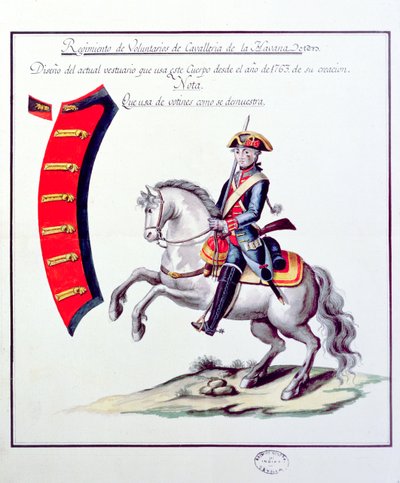Uniforme dos Voluntários do Regimento de Cavalaria de Havana, 1763 (impressão) de Spanish School