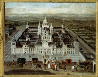 Vista do Palácio do Escorial em Espanha, construído por Filipe II no século XVI. Pintura espanhola anónima do século XVII. Óleo sobre tela. Dim: 1,89 x 2,41m. de Spanish School