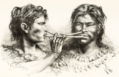 Índios Witoto ou Huitoto, povos indígenas do sudeste da Colômbia e norte do Peru, tomando rapé de Spanish School