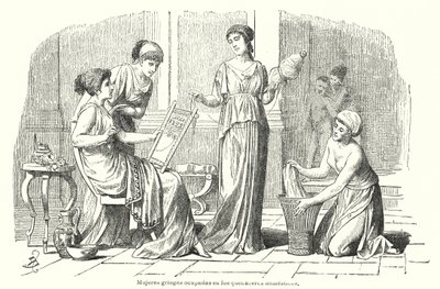 Mulheres que realizam tarefas domésticas na Grécia Antiga (litho) de Spanish School