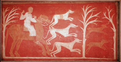 cena de caça que retrata cães correndo atrás da caça. 1150. Fresco da ermida de Baudelio de Berlanga, Soria. Conservar no Museu do Prado. de Spanish School