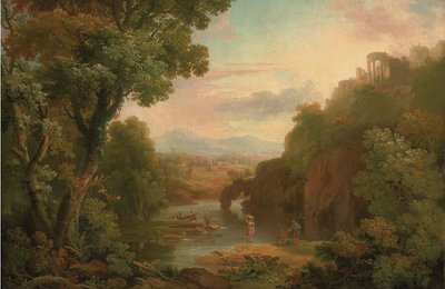 Uma paisagem clássica com pescadores e uma lavadeira, uma villa no topo de uma colina e montanhas mais além de Sr. George Barret