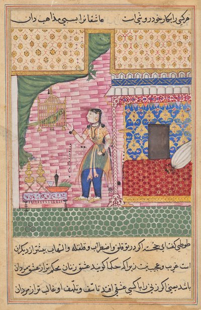 O papagaio se dirige a Khujasta no início da 17ª noite, de um Tuti-nama (contos de um papagaio) de Sravana