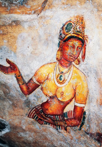 Criadas de Sigiriya, afresco, sítio arqueológico de Sigiriya (Lista do Património Mundial da Unesco de Sri Lankan School