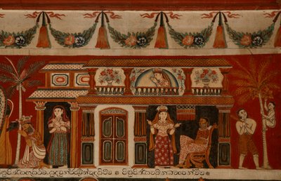 Pintura de parede retratando uma casa cingalesa no Templo Subdharama, Dehiwala (mural) de Sri Lankan School