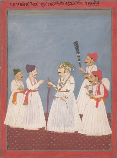 Príncipe com quatro atendentes, final do século 18 e início do século 19. de Sri Prathi Singh of Ratlam