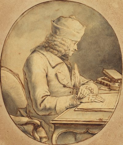 Voltaire sentado em uma mesa usando um boné, de perfil à esquerda, c.1765 de Stanislas Jean