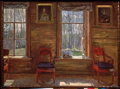Feliz Maio. (Vista de uma madeira ensolarada, através das janelas de uma casa de campo, decorada com retratos pintados e cortinas). Pintura de Stanislav Yulianovich Zhukovsky (1873-1944), óleo sobre tela de Stanislav Joulianovitch Joukovski