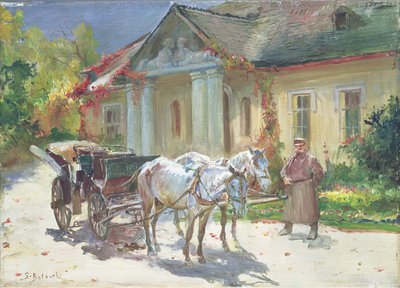 Em frente a uma mansão polonesa, c.1930 (óleo sobre tela) de Stanislaw Kaczor Batowski