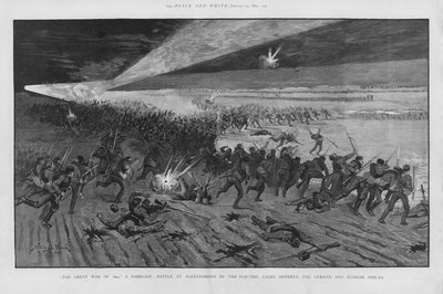 A Batalha de Alexandrovno, cena de batalha imaginária numa guerra entre a Rússia e a Alemanha usando luz eléctrica para iluminar o campo de batalha à noite (litho) de Stanley L. (after) Wood
